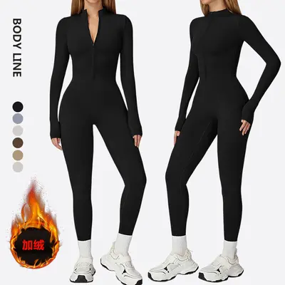 Fleece-Lined Zip Yoga Jumpsuit, Long Sleeve Warm Fitness Bodysuit