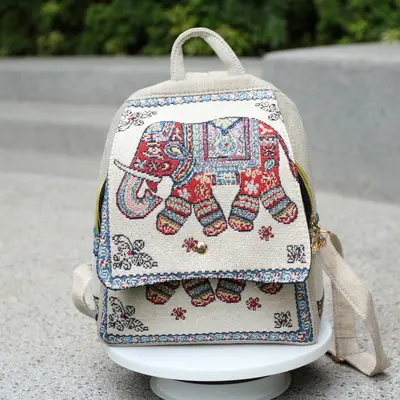 Women's Ethnic Embroidered Canvas Backpack with Gold Thread Embroidery - 7