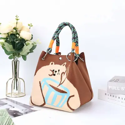 Gestrickte Damenhandtasche mit Ringgriff, kleine Stoff-Tote-Bag - 13