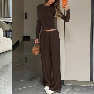 Schlafanzug-Set aus Strick-Samt mit Rippen, langarm und lange Hose