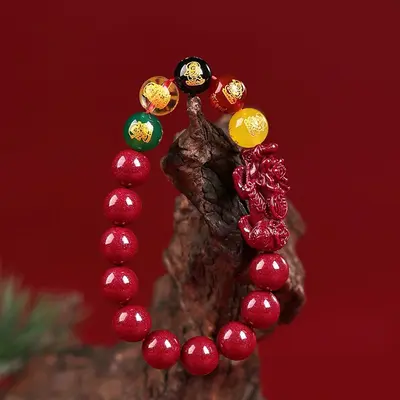 Purple Gold Sand Cinnabar Five-Way God of Wealth Bracelet with Pixiu, Low Content