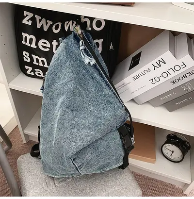 Washed Canvas Backpack, Irregular Niche Design, Denim School Bag for Girls - 8