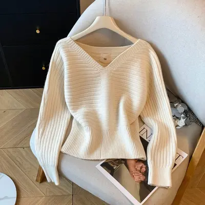 Damen-Strickpullover, einfarbig, V-Ausschnitt, Rippstrick, langärmlig, taillenbetont - 2