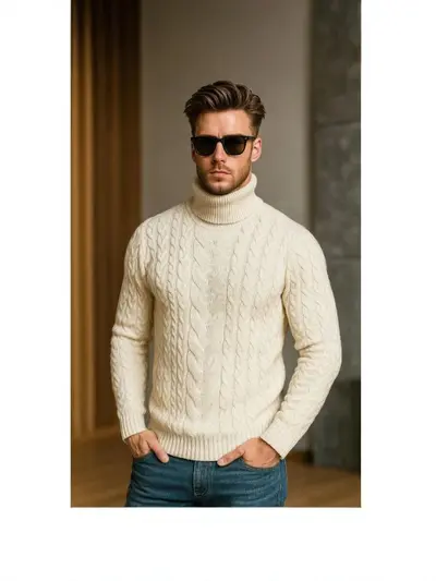 Herren-Rollkragenpullover im Zopfmuster, große Größen, einfarbig, Wolle