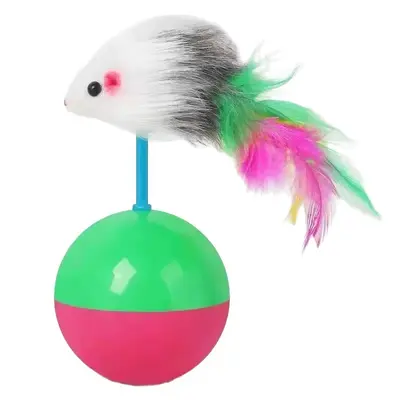 Cat Toy Wire Cage with Colorful Feather Mouse, Weighted Roly-Poly