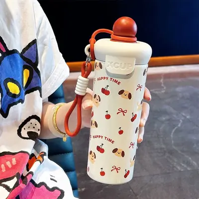 304 Paslanmaz Çelik Termos Bardak, Taşıma Iplikli ve Pipetli, Karikatür Desenli - 12