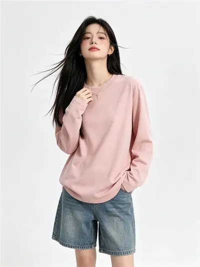 Langarm-Damen-T-Shirt, weiß, 100 % Baumwolle, Rundhals, lockere Passform
