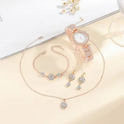 Damen-Quarzuhr-Set, Roségold, Diamantdesign, Geschenkbox