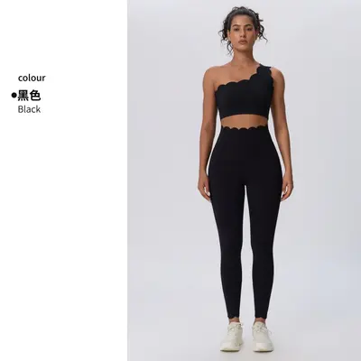 Women's Two-Piece Yoga Set with Wave Ruffle One-Shoulder Bra and Cropped Pants - 9