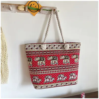 Canvas-Achseltasche im ethnischen Stil mit Hanfseil-Griff - 10