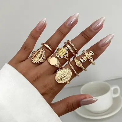 Rhinestone Crown Figure Ring Set, Retro Cross Knuckle Ring