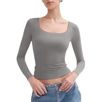 Women's Long Sleeve Crop Top, Solid Color, U-Neck Slim Fit Y2K T-Shirt