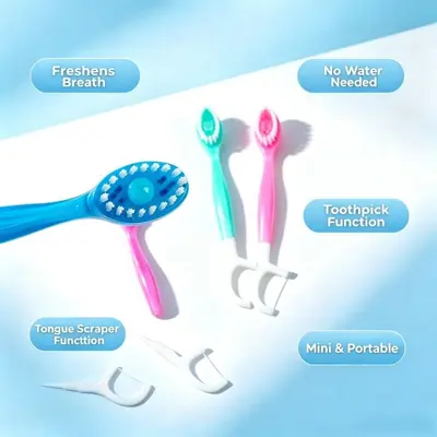 Disposable toothbrush oral care set with floss and tongue scraper