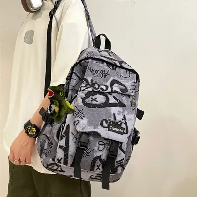 Men's Large Capacity Graffiti Backpack, Casual Daypack for College and Middle School Stude - 2