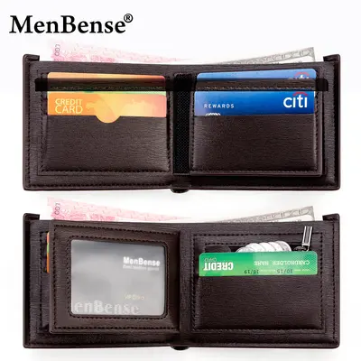 Men's Short Horizontal Wallet in Leather-Grain, Tri-Fold with Coin Pocket - 3