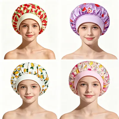 Printed Satin Sleep Bonnet for Women, Wide Elastic Band, Fruit Pattern Hair Cap, Chemo Cap
