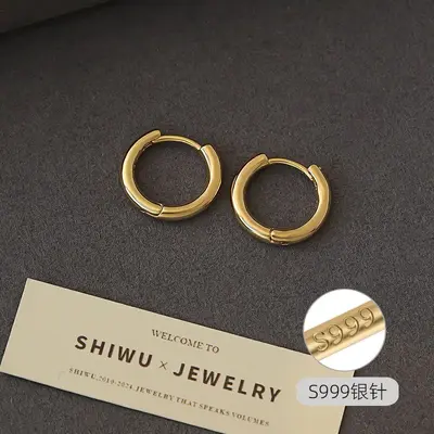 S999 sterling silver earring studs simple hoop design no-remove - 12