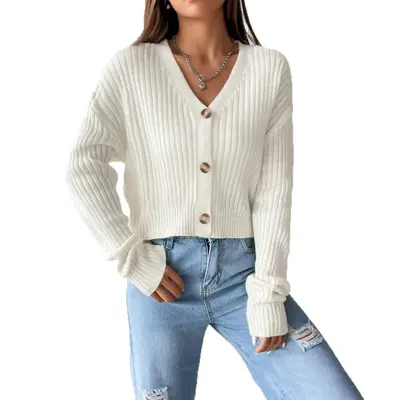 Amazon Grenzüberschreitender V-Ausschnitt Damenpullover, Herbst-Winter, lockerer Langarm-Strickmantel, einfarbig, mit Knopfleiste, lässige Strickjacke