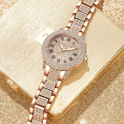 Women's diamond-studded quartz watch with Roman numerals and bracelet design