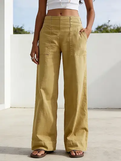 Damen-Sommerhose aus Baumwoll-Leinen, weites Bein, elastischer Bund, einfarbig - 7