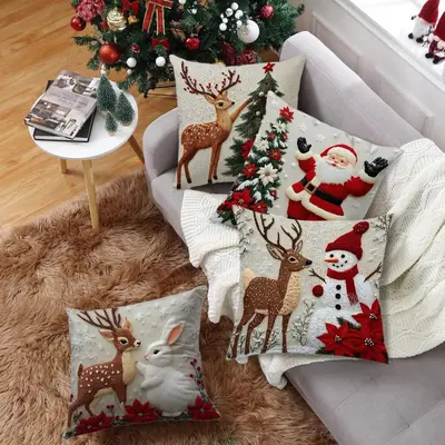 Keten Karikatür Desenli Noel Yastık Kılıfı Sofa Kırlent Kılıfı