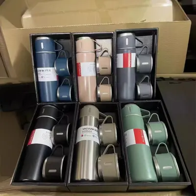 Portable Stainless Steel Thermos Cup with Three Lids, Gift Box Set - 3