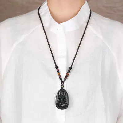 Natural Obsidian Buddha Necklace, Eight Guardian Angels, Zodiac