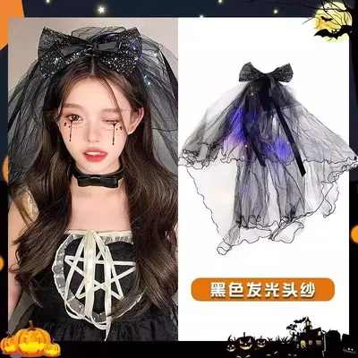 Halloween Black Headband with Bow, Dark Style Ghost Bride Veil Costume Accessory - 7
