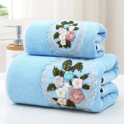 Embroidered bath towel set 2-piece, soft absorbent - 7