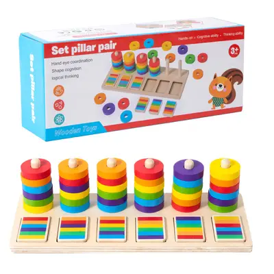 6-farbiges Regenbogen-Ringwurfspiel mit Sortiersäulen, Farberkennung