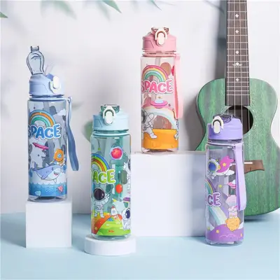 Cartoon Astronaut Frosted Water Bottle with Pop-Up Lid, Portable