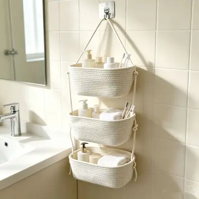 Three-Tier Wall-Mounted Storage Basket with Cotton Rope