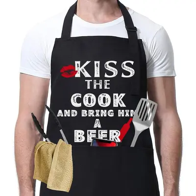 Black Men's Barbecue Chef Apron with Pockets, Adjustable, Waterproof - 10