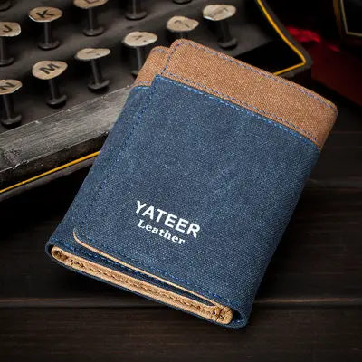 Men's Short Tri-Fold Canvas Wallet with Card Slots - 7