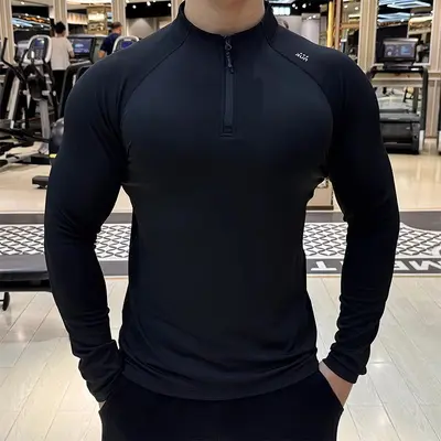 Herren langärmliges Sport-Shirt, schnelltrocknend, Halbreißverschluss