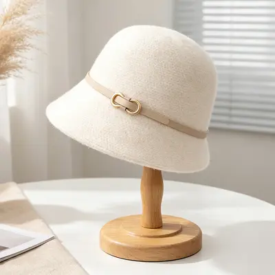 Korean-Style Wool Fisherman Hat, Metal Ring Leather Belt Buckle - 9