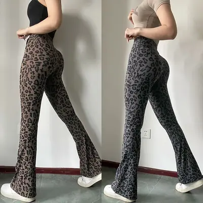 Extended Leopard Print Yoga Pants, High Waist, Breathable - 3