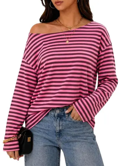 Damen-Rundhals-Langarmshirt gestreift mit Kontrastfarben - 8