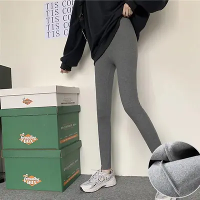 Women's Grey Thin Fleece Ribbed Leggings, Stretch, Plus Size - 12