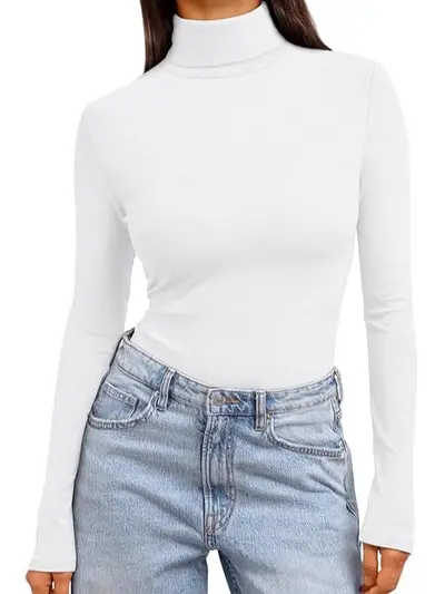 Amazon Yüksek Yaka Uzun Kollu Astarlı Kadın T-Shirt Düz Renk Slim Fit