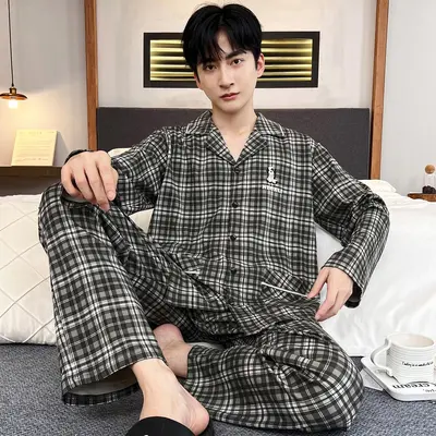 Herren-Pyjama-Set langarm mit Strickjackenkragen, Übergröße