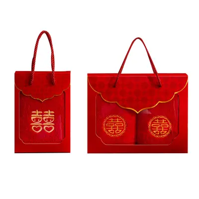 Pure cotton red wedding towel gift box set, for weddings and birthday banquets, souvenirs and keepsakes, 100% cotton double happiness towel set.