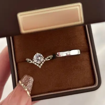 Wedding simulated diamond ring pair, moissanite, adjustable - 8