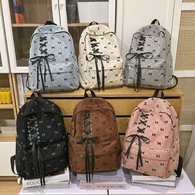 Corduroy Bow Backpack for Women and Students - 5