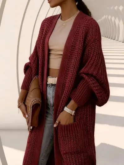Women's Thick Knee-Length Long-Sleeve Knit Cardigan, Autumn Winter