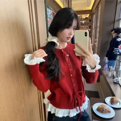 Ruffle Trim Knit Cardigan for Women, Round Neck, Single-Breasted, Autumn Winter Long Sleev