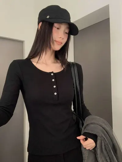 Kadın uzun kollu Henley yaka t-shirt, Kore tarzı, omuz dikişli