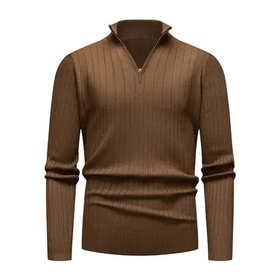 Men's Long Sleeve Knit Sweater, Half Turtleneck, Zipper, Vertical Stripes