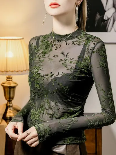 Sexy Damen-Spitzenbluse mit Stehkragen, transparenter Netzstoff, schmal geschnitten