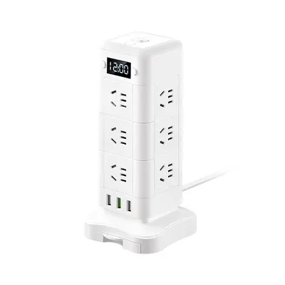 Vertical Multi-Hole Power Strip with USB Fast Charging and Clock, for Office and Home